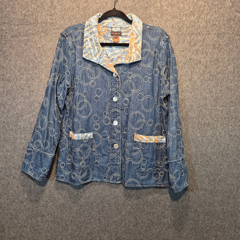 Multiples Embroidered Reversible Lrg Denim Jacket Artsy Lagenlook Teacher Funky